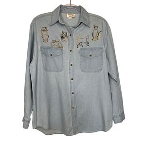 Vintage Tia Designs‎ Blue Denim Cat Embroidered Button up Shirt Size M Rhinetone